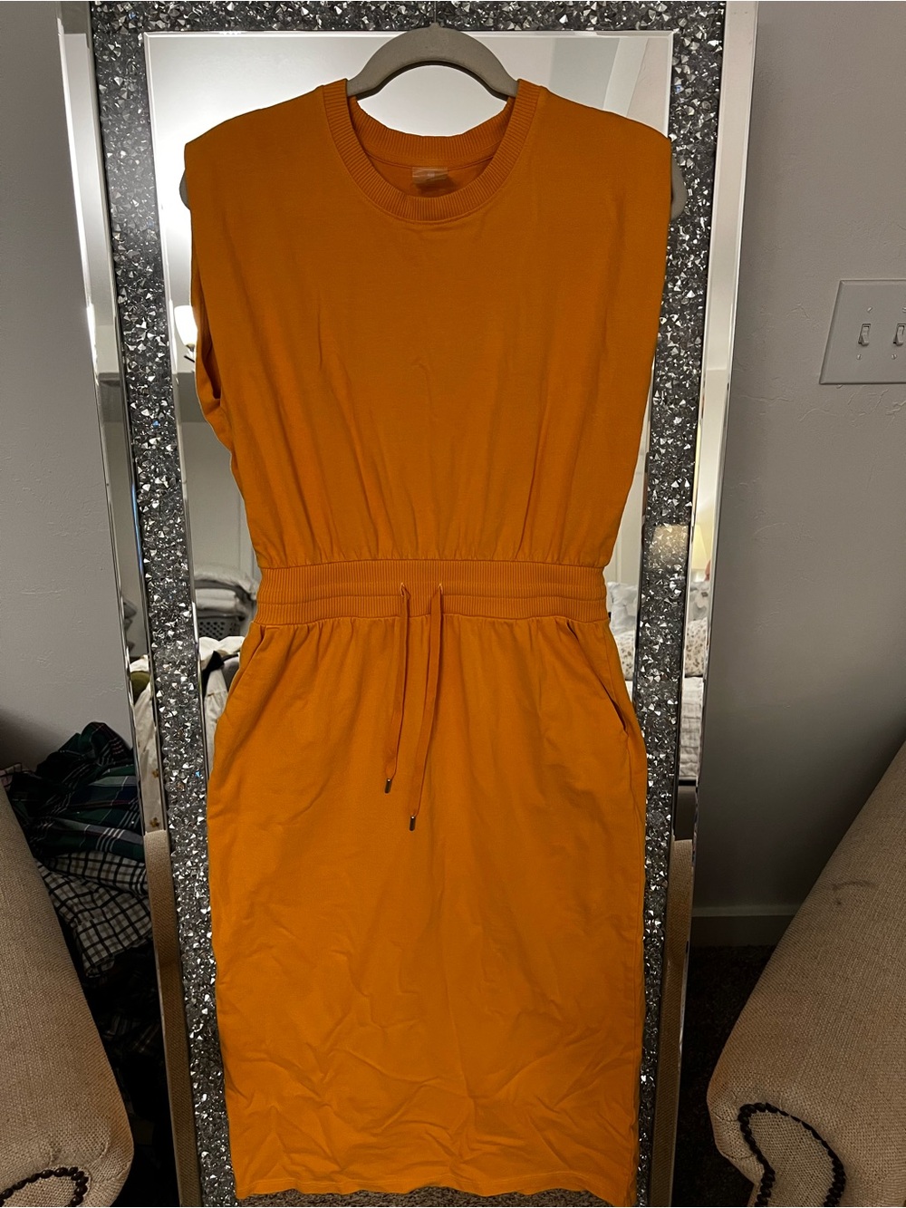 Sleeveless Drawstring Waist Midi Dress in Orange